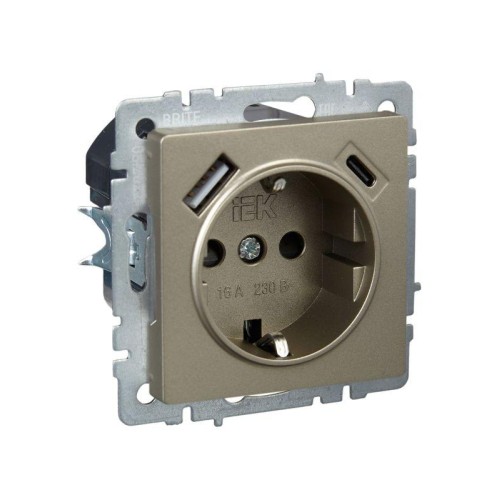 Розетка BRITE РЮш11-1-БрШ 16А с USB A+C 18Вт с заземл. защ. шторки механизм шампань IEK BR-R14-16-U2