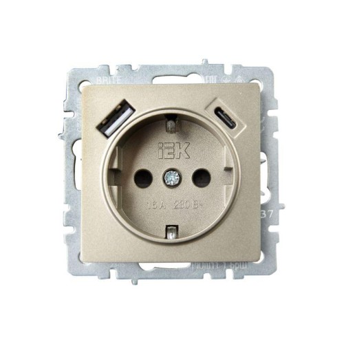 Розетка BRITE РЮш11-1-БрШ 16А с USB A+C 18Вт с заземл. защ. шторки механизм шампань IEK BR-R14-16-U2
