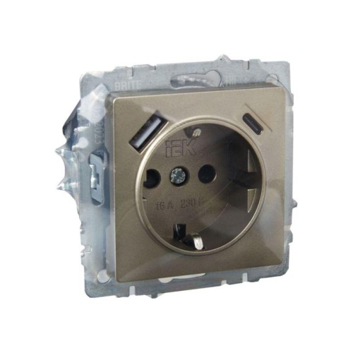 Розетка BRITE РЮш11-1-БрШ 16А с USB A+C 18Вт с заземл. защ. шторки механизм шампань IEK BR-R14-16-U2