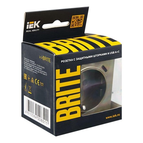 Розетка BRITE РЮш11-1-БрШ 16А с USB A+C 18Вт с заземл. защ. шторки механизм шампань IEK BR-R14-16-U2