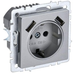 Розетка BRITE РЮш10-2-БрА 16А с USB A+A 3.1А с заземл. защ. шторки механизм алюм. IEK BR-R14-16-U21-