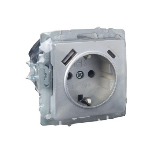 Розетка BRITE РЮш11-1-БрА 16А с USB A+C 18Вт с заземл. защ. шторки механизм алюм. IEK BR-R14-16-U22-