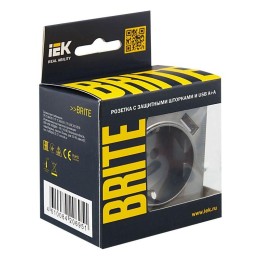 Розетка BRITE РЮш10-1-БрС 16А с USB A+A 2.1А с заземл. защ. шторки механизм сталь IEK BR-R14-16-U21-
