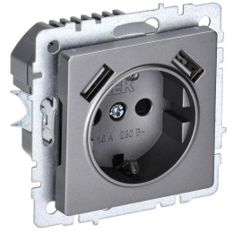 Розетка BRITE РЮш10-1-БрС 16А с USB A+A 2.1А с заземл. защ. шторки механизм сталь IEK BR-R14-16-U21-
