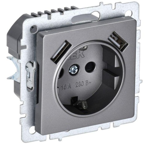 Розетка BRITE РЮш10-1-БрС 16А с USB A+A 2.1А с заземл. защ. шторки механизм сталь IEK BR-R14-16-U21-