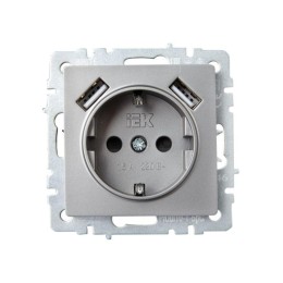 Розетка BRITE РЮш10-1-БрС 16А с USB A+A 2.1А с заземл. защ. шторки механизм сталь IEK BR-R14-16-U21-