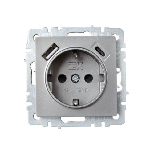 Розетка BRITE РЮш11-1-БрС 16А с USB A+C 18Вт с заземл. защ. шторки механизм сталь IEK BR-R14-16-U22-