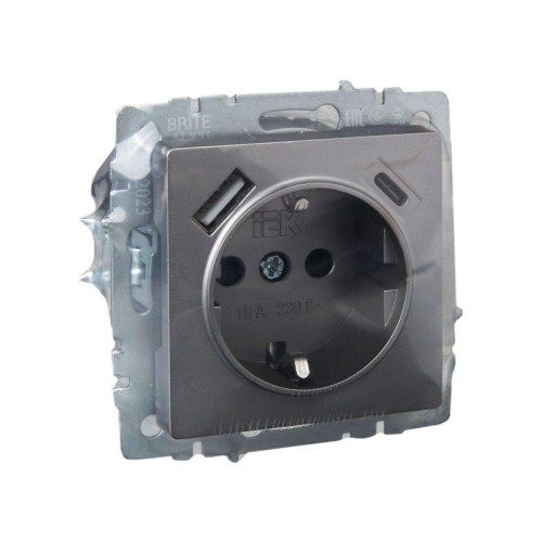 Розетка BRITE РЮш11-1-БрС 16А с USB A+C 18Вт с заземл. защ. шторки механизм сталь IEK BR-R14-16-U22-