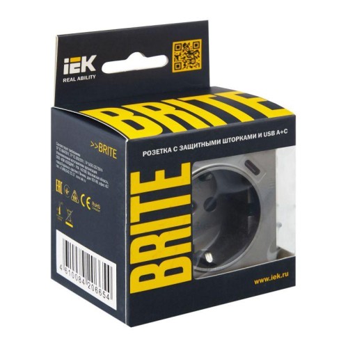 Розетка BRITE РЮш11-1-БрС 16А с USB A+C 18Вт с заземл. защ. шторки механизм сталь IEK BR-R14-16-U22-