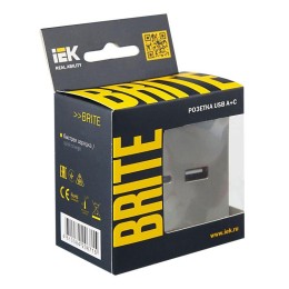 Розетка BRITE USB A+C 18Вт РЮ11-1-БрС механизм сталь IEK BR-U22-018-K46