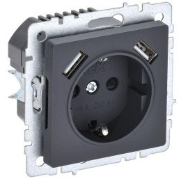 Розетка BRITE РЮш10-1-БрГ 16А с USB A+A 2.1А с заземл. защ. шторки механизм графит IEK BR-R14-16-U21