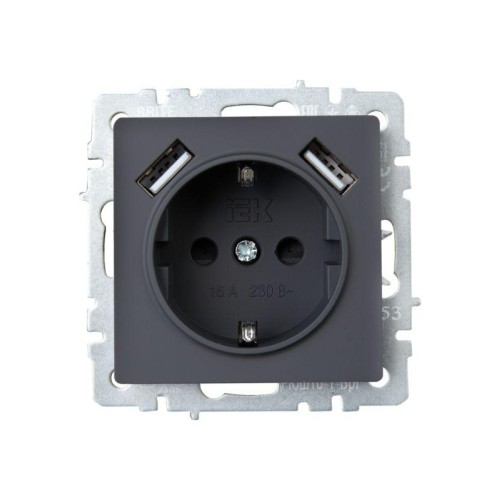 Розетка BRITE РЮш10-1-БрГ 16А с USB A+A 2.1А с заземл. защ. шторки механизм графит IEK BR-R14-16-U21