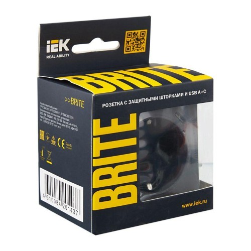 Розетка BRITE РЮш11-1-БрГ 16А с USB A+C 18Вт с заземл. защ. шторки механизм графит IEK BR-R14-16-U22