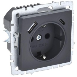 Розетка BRITE РЮш11-1-БрГ 16А с USB A+C 18Вт с заземл. защ. шторки механизм графит IEK BR-R14-16-U22
