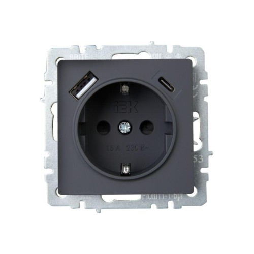 Розетка BRITE РЮш11-1-БрГ 16А с USB A+C 18Вт с заземл. защ. шторки механизм графит IEK BR-R14-16-U22