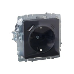 Розетка BRITE РЮш11-1-БрГ 16А с USB A+C 18Вт с заземл. защ. шторки механизм графит IEK BR-R14-16-U22