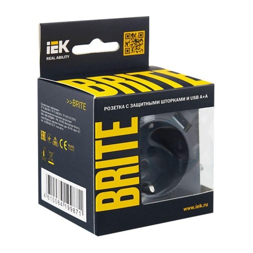 Розетка BRITE РЮш10-1-БрМ 16А с USB A+A 2.1А с заземл. защ. шторки механизм маренго IEK BR-R14-16-U2
