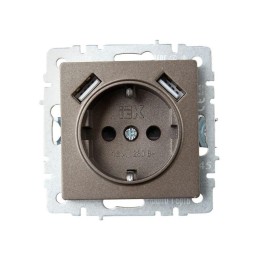 Розетка BRITE РЮш10-1-БрТБ 16А с USB A+A 2.1А с заземл. защ. шторки темн. механизм бронза IEK BR-R14