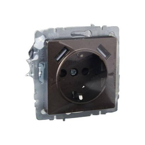 Розетка BRITE РЮш10-1-БрТБ 16А с USB A+A 2.1А с заземл. защ. шторки темн. механизм бронза IEK BR-R14