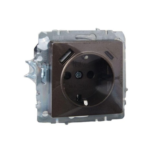 Розетка BRITE РЮш11-1-БрТБ 16А с USB A+C 18Вт с заземл. защ. шторки темн. механизм бронза IEK BR-R14