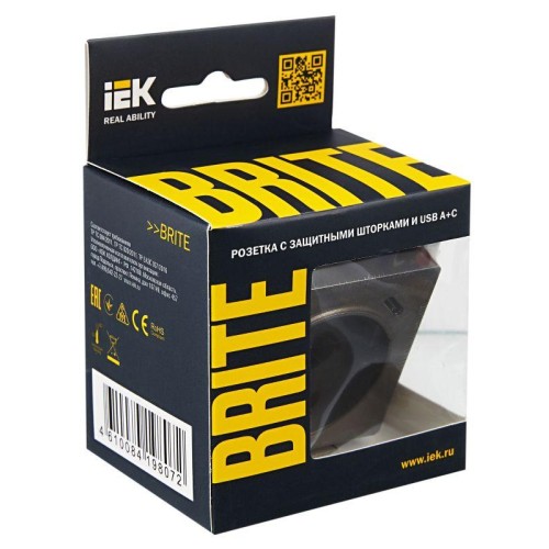 Розетка BRITE РЮш11-1-БрТБ 16А с USB A+C 18Вт с заземл. защ. шторки темн. механизм бронза IEK BR-R14