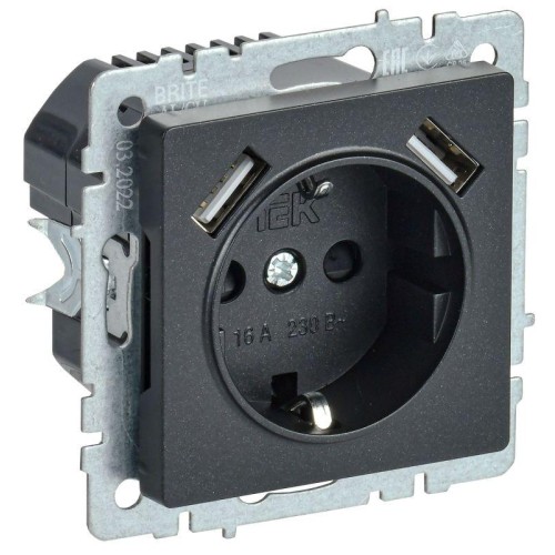 Розетка BRITE РЮш10-1-БрЧ 16А с USB A+A 2.1А с заземл. защ. шторки механизм черн. IEK BR-R14-16-U21-