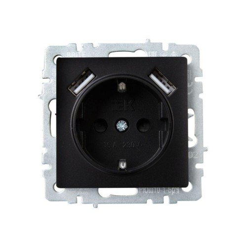Розетка BRITE РЮш10-1-БрЧ 16А с USB A+A 2.1А с заземл. защ. шторки механизм черн. IEK BR-R14-16-U21-