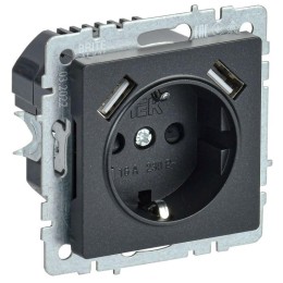 Розетка BRITE РЮш10-2-БрЧ 16А с USB A+A 3.1А с заземл. защ. шторки механизм черн. IEK BR-R14-16-U21-