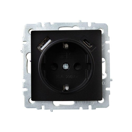 Розетка BRITE РЮш11-1-БрЧ 16А с USB A+C 18Вт с заземл. защ. шторки механизм черн. IEK BR-R14-16-U22-