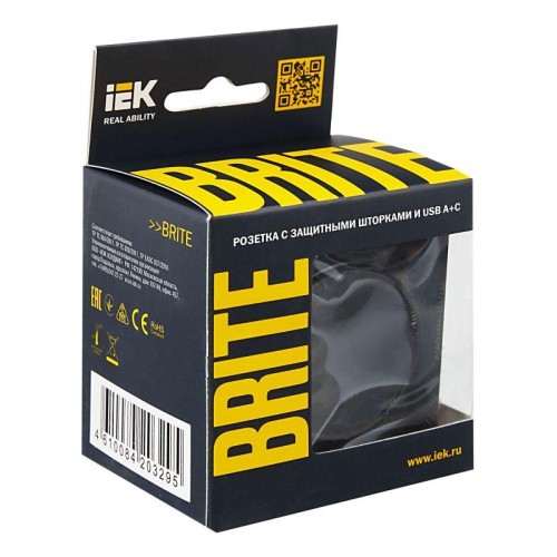 Розетка BRITE РЮш11-1-БрЧ 16А с USB A+C 18Вт с заземл. защ. шторки механизм черн. IEK BR-R14-16-U22-