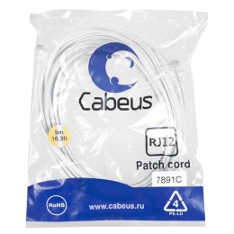 Патч-корд телефонный PC-TEL-RJ12-5m 2х6р4с PVC 5м бел. Cabeus 7891c