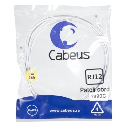 Патч-корд телефонный PC-TEL-RJ12-3m 2х6р4с PVC 3м бел. Cabeus 7890c