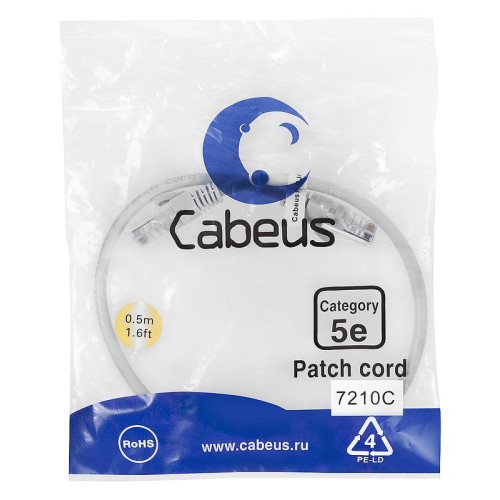 Патч-корд U/UTP кат.5E PC-UTP-RJ45-Cat.5e-0.5m 2xRJ45/8p8c неэкранир. PVC 0.5м сер. Cabeus 7210c