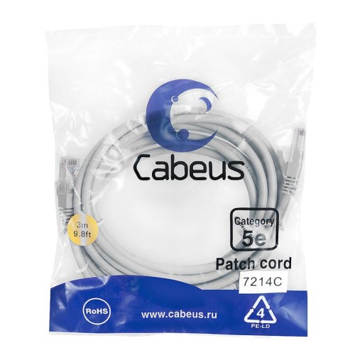 Патч-корд U/UTP PC-UTP-RJ45-Cat.5e-3m 2xRJ45/8p8c кат.5E неэкранир. PVC 3м сер. Cabeus 7214c