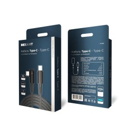 Кабель Type-C-Type-C 5А 100Вт 1м черн. нейлон. оплетка с угловым штекером и световой индикацией Rexa