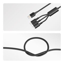 Кабель USB 3в1 Type-С (6А) Lightning (2.4А) micro USB (3А) 1.2м черн. оплетка световая индикация Rex
