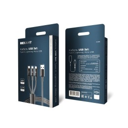 Кабель USB 3в1 Type-С (6А) Lightning (2.4А) micro USB (3А) 1.2м черн. оплетка световая индикация Rex
