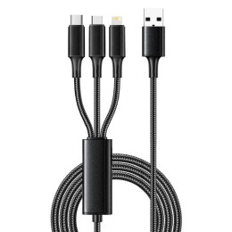 Кабель USB 3в1 Type-С (6А) Lightning (2.4А) micro USB (3А) 1.2м черн. оплетка световая индикация Rex