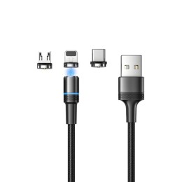 Кабель USB 3в1 со съемными магнитными портами Type-С (2А) Lightning (2.4А) Micro USB (2А) 1.2м черн.