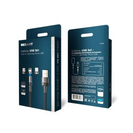 Кабель USB 3в1 со съемными магнитными портами Type-С (2А) Lightning (2.4А) Micro USB (2А) 1.2м черн.