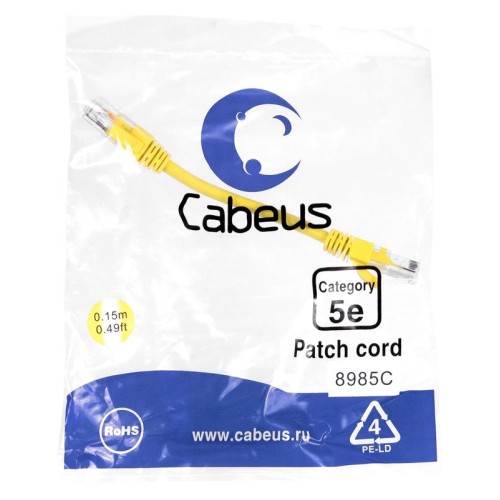 Патч-корд U/UTP кат.5E PC-UTP-RJ45-Cat.5e-0.15m-YL 2xRJ45/8p8c неэкранир. PVC 0.15м желт. Cabeus 898