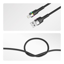 Кабель USB-A-Lightning для Apple 2.4А 1м черн. нейлон. оплетка LED подсветка Rexant 18-7059