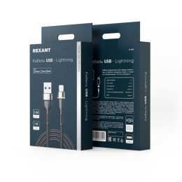 Кабель USB-A-Lightning для Apple 2.4А 1м черн. нейлон. оплетка LED подсветка Rexant 18-7059
