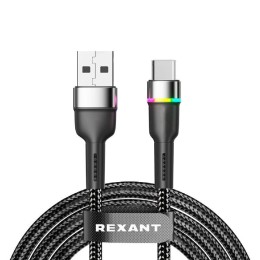 Кабель USB-A-Type-C 3А 18Вт 1м черн. нейлон. оплетка LED подсветка Rexant 18-7065
