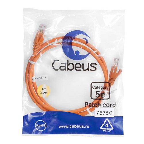 Патч-корд U/UTP кат.5E PC-UTP-RJ45-Cat.5e-1m-OR 2xRJ45/8p8c неэкранир. PVC 1м оранж. Cabeus 7675c