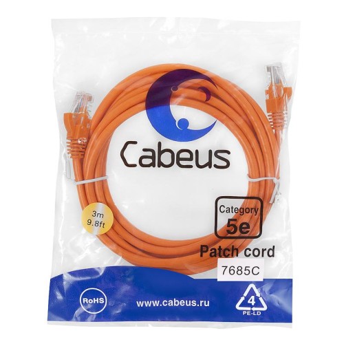Патч-корд U/UTP кат.5E PC-UTP-RJ45-Cat.5e-3m-OR 2xRJ45/8p8c неэкранир. PVC 3м оранж. Cabeus 7685c
