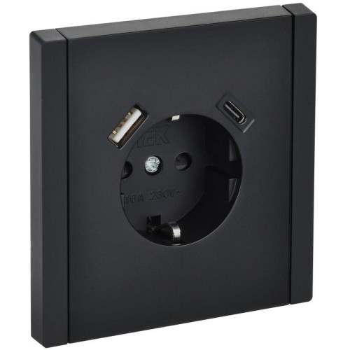 Розетка FORTE&PIANO FP147 16А USB A+C 18Вт с заземл. защ. шторки винт. крепл. черн. IEK FP-R14-16-U2
