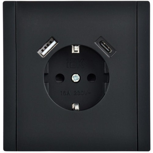 Розетка FORTE&PIANO FP147 16А USB A+C 18Вт с заземл. защ. шторки винт. крепл. черн. IEK FP-R14-16-U2