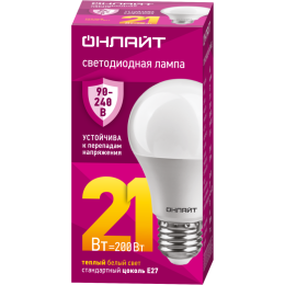 Лампа светодиодная 90 534 OLL-A60-21-230-2.7К-E27 21Вт E27 2700К (PRO 90-240В) ОНЛАЙТ 90534