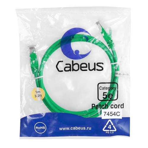 Патч-корд U/UTP кат.5E PC-UTP-RJ45-Cat.5e-1m-GN 2xRJ45/8p8c неэкранир. PVC 1м зел. Cabeus 7454c